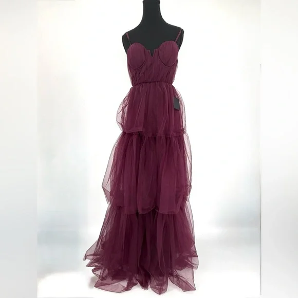 Lulus Unforgettable Poise Tulle Bustier Tiered Maxi Dress, Plum Purple, XS, NWT - Picture 6 of 15